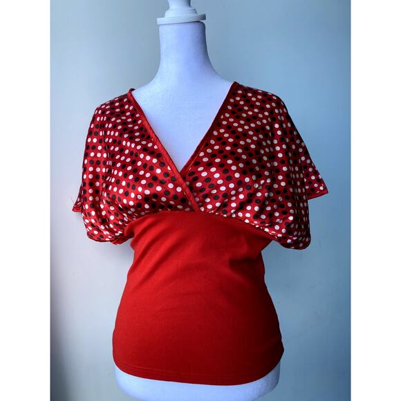 Vintage Red Brown Hollywood Studios Polka Dot Bell Sleeve V Neck Wrap Top - Picture 5 of 7